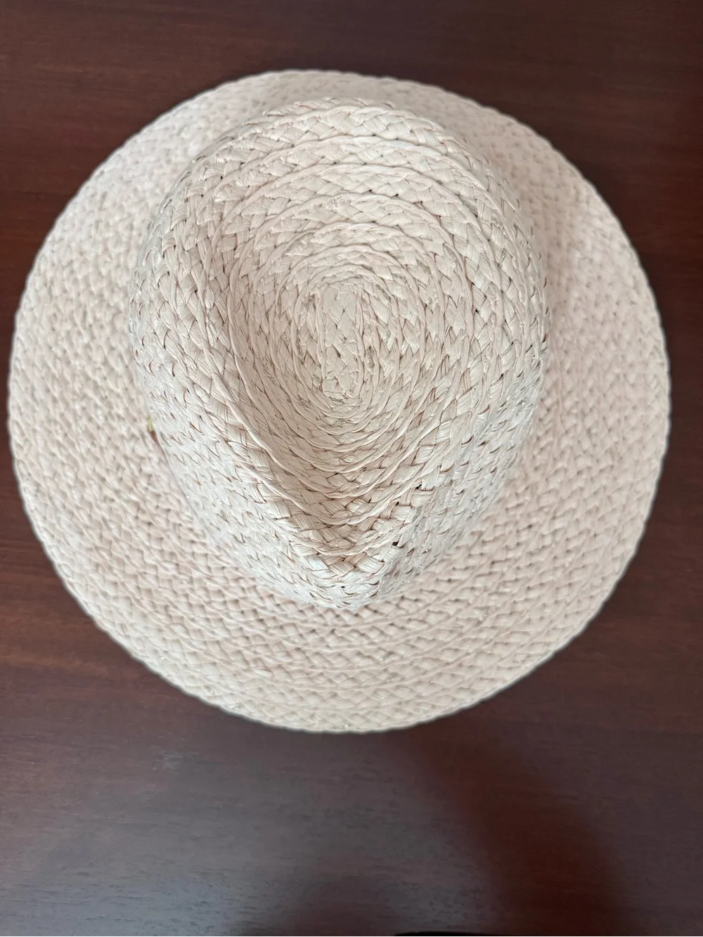 Light Pink and Metallic Straw Panama Hat with Pink Band and Gold V Accent